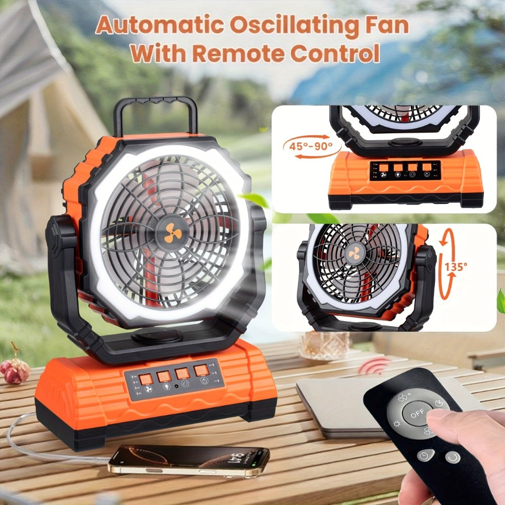 Portable Camping Fan with Dual Motors LED Light & Remote Control, Solar Powered Outdoor Fan with Hook for Tent Work Site Power Outage
