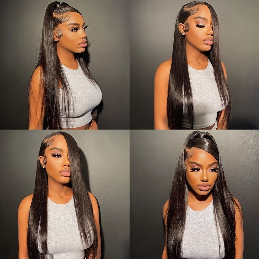 Glueless Straight Human Hair Wig 4x4 Lace Closure Pre-Plucked Natural Hairline Versatile Parting Natural Black 12-28 Inch Women No Glue