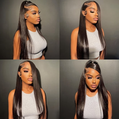 Glueless Straight Human Hair Wig 4x4 Lace Closure Pre-Plucked Natural Hairline Versatile Parting Natural Black 12-28 Inch Women No Glue