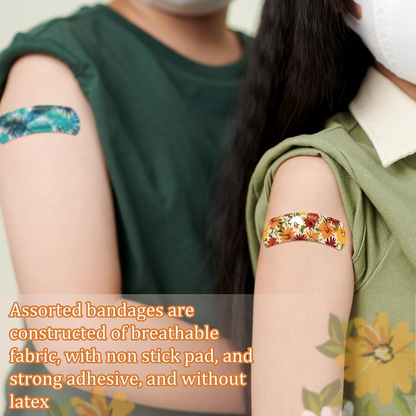 180-Piece Patterned Fabric Adhesive Bandage Pack with 12 Floral, Animal and Solid Color Styles