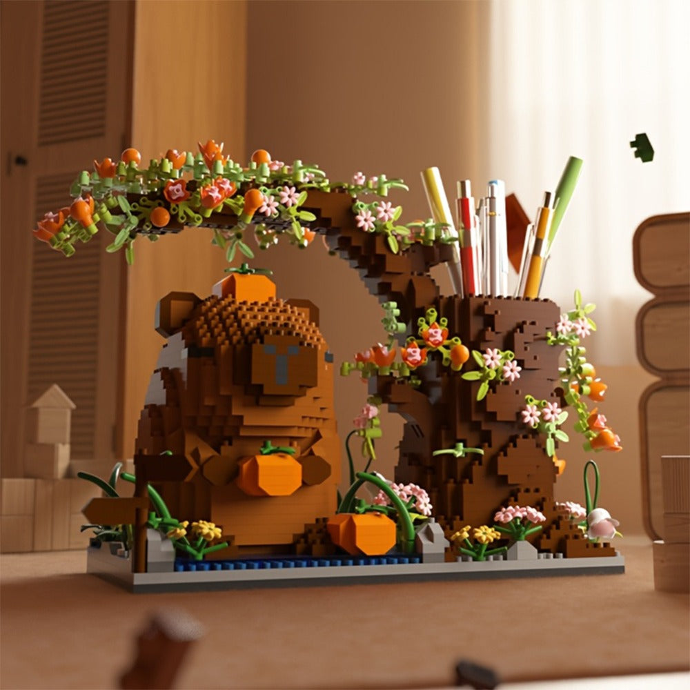 Building Block Set Capybara Pen Holder, 1880 Micro Pieces with Flowering Tree, Pencil Storage and 22cm Base