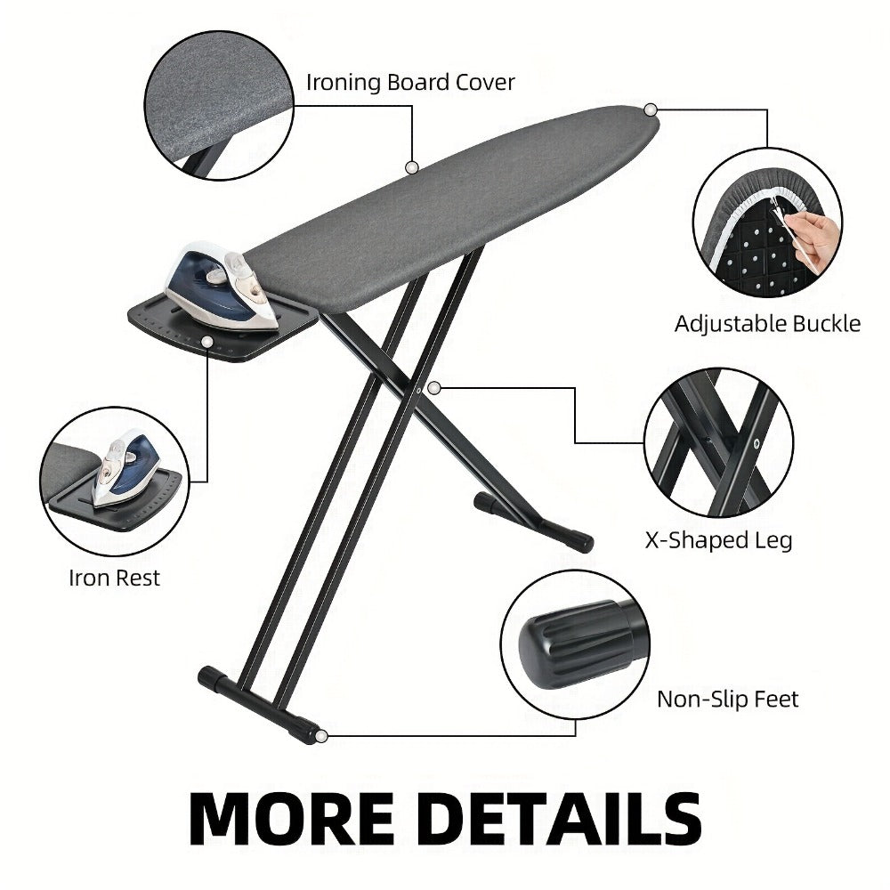 Freestanding Black Ironing Board with Multi-Height X-Leg Frame and Extended Iron-Rest Platform