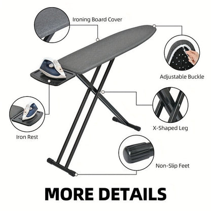 Freestanding Black Ironing Board with Multi-Height X-Leg Frame and Extended Iron-Rest Platform