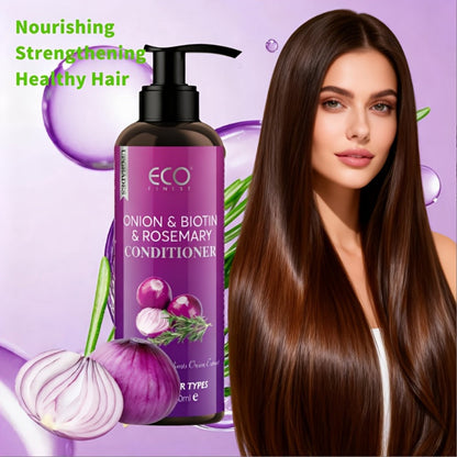 Onion, Biotin and Rosemary-Labeled Shampoo and Conditioner Set in Purple Pump Bottles with Jojoba Oil Wording