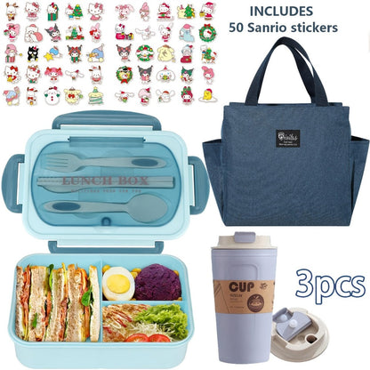 Sanrio Lunch Box Set 53pcs Bento Box with Thermal Bag Breakfast Cup Portable Sealed Compartment Microwave for Work Picnic School