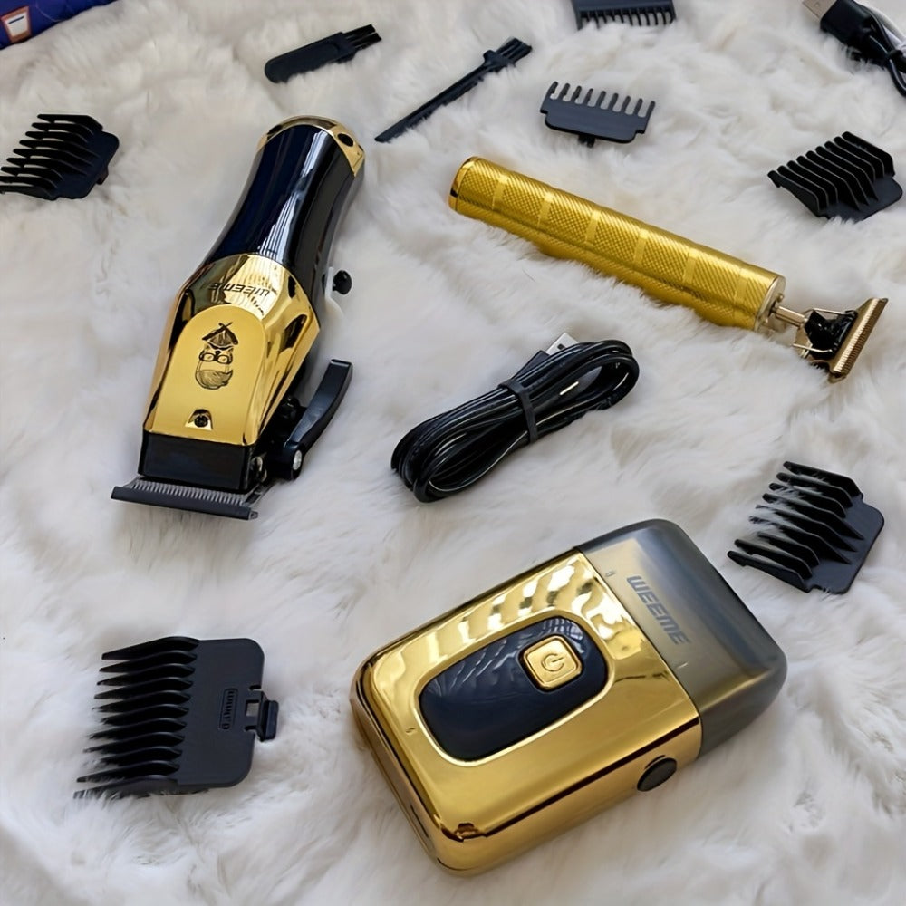 T-Blade Hair Clipper Set for Men – Golden Series USB Rechargeable Trimmer Kit with Guide Combs & Cleaning Brush, 1pc 2pcs 3pcs Options