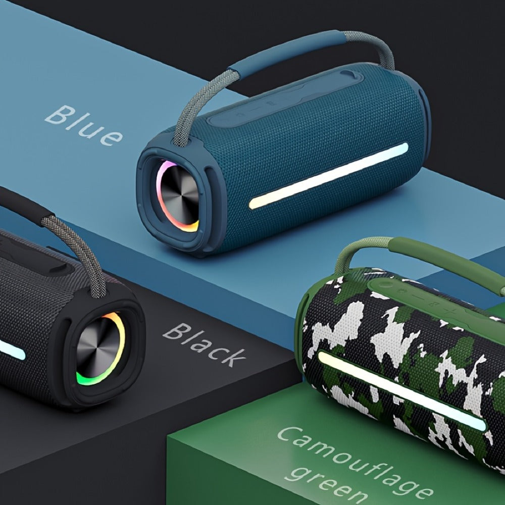 Portable Cylindrical Speaker in Black, Blue or Green with Carry Handle, Dual Light Bars and End-Ring Lighting