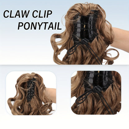 Scroll Curl Claw Clip Ponytail Extension Gradient Color 16 Inch | Synthetic Heat Resistant Hairpiece 5 Colors Linen Brown Golden Grey