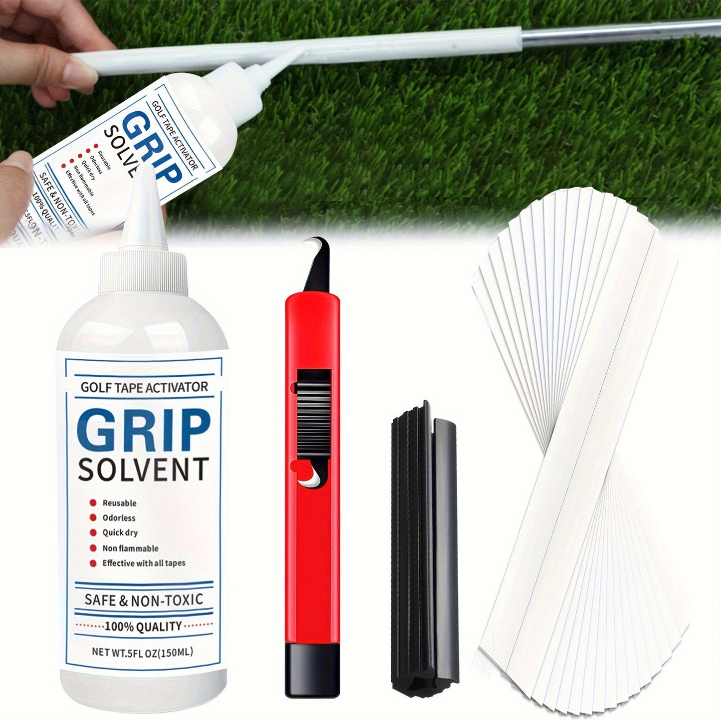 Golf Club Regripping Kit with 5 oz Solvent, 15 Tape Strips, Hook Knife and Rubber Vise Clamp