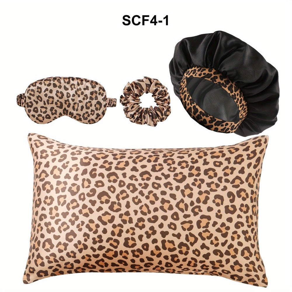 Leopard Print Pillow Covers Set of 4 with Sleep Mask and Headband Machine Washable Polyester Woven Fabric Travel Bedroom Decorative