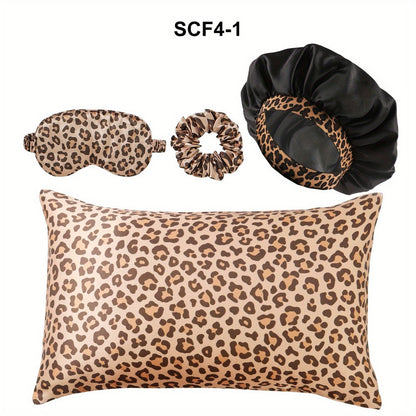 Leopard Print Pillow Covers Set of 4 with Sleep Mask and Headband Machine Washable Polyester Woven Fabric Travel Bedroom Decorative