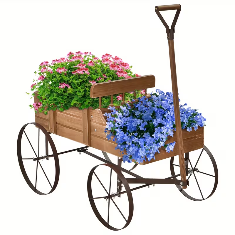 Wooden Flower Stand with 4 Wheels, Rolling Plant Trolley for Garden, Balcony & Terrace, for Garden, Patio and Yard Use