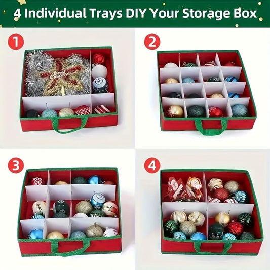 Christmas Ornament Storage Box, Holds Up to 64 Holiday Ornaments, Adjustable Dividers, Covered Lid & Dual Handles