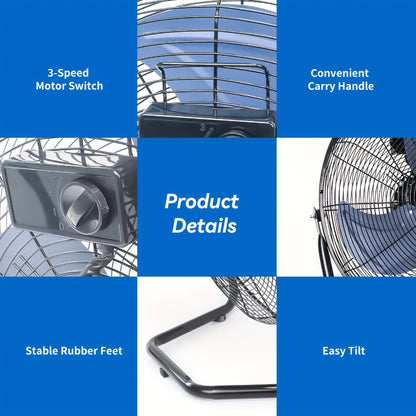 Industrial Floor Fan High Velocity 9 & 20 Inch, Metal Construction & Blades, 3-Speed Fan for Industrial