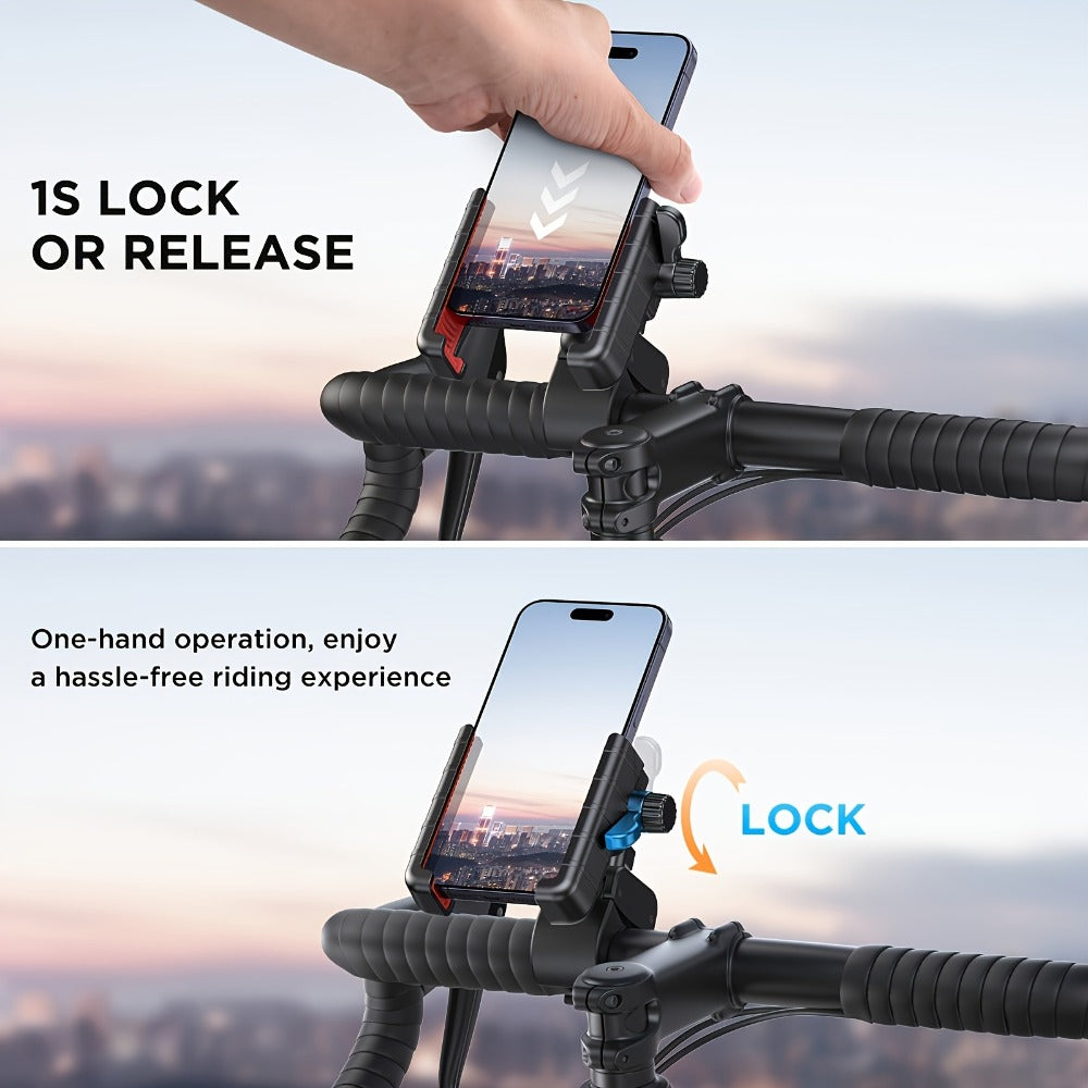 Motorcycle Phone Mount Handlebar Quick Lock – Universal Bike Phone Holder for 4"-7" Phones, No-Block Camera Design