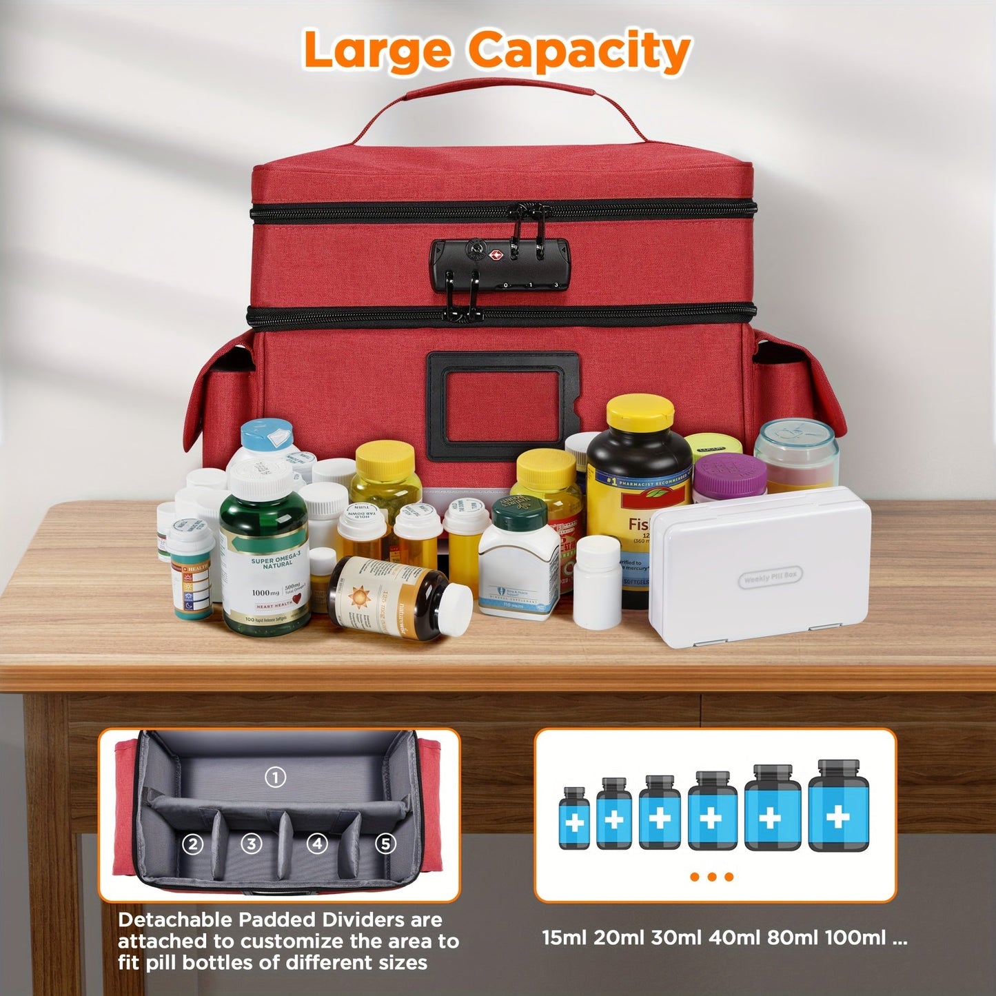 Lockable Medicine Organizer Bag with Combination Lock, Double-Layer Large Capacity Pill Bottle Storage Case for Prescription Bottles First