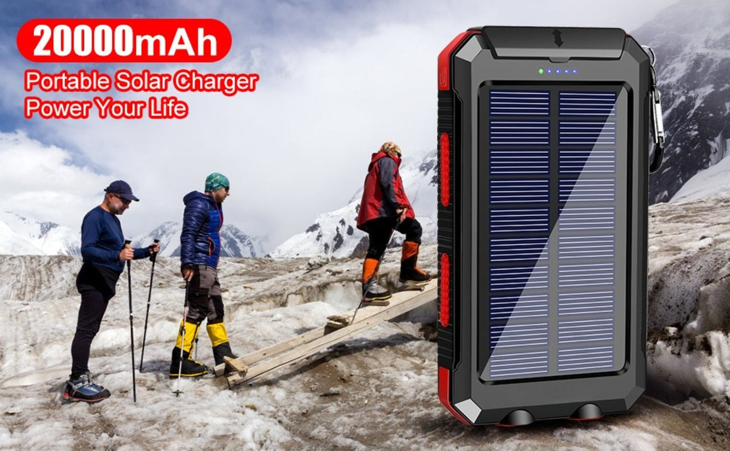 Solar Power Bank 20000mAh Outdoor Portable Charger with LED Flashlight SOS Compass & Carabiner Hook