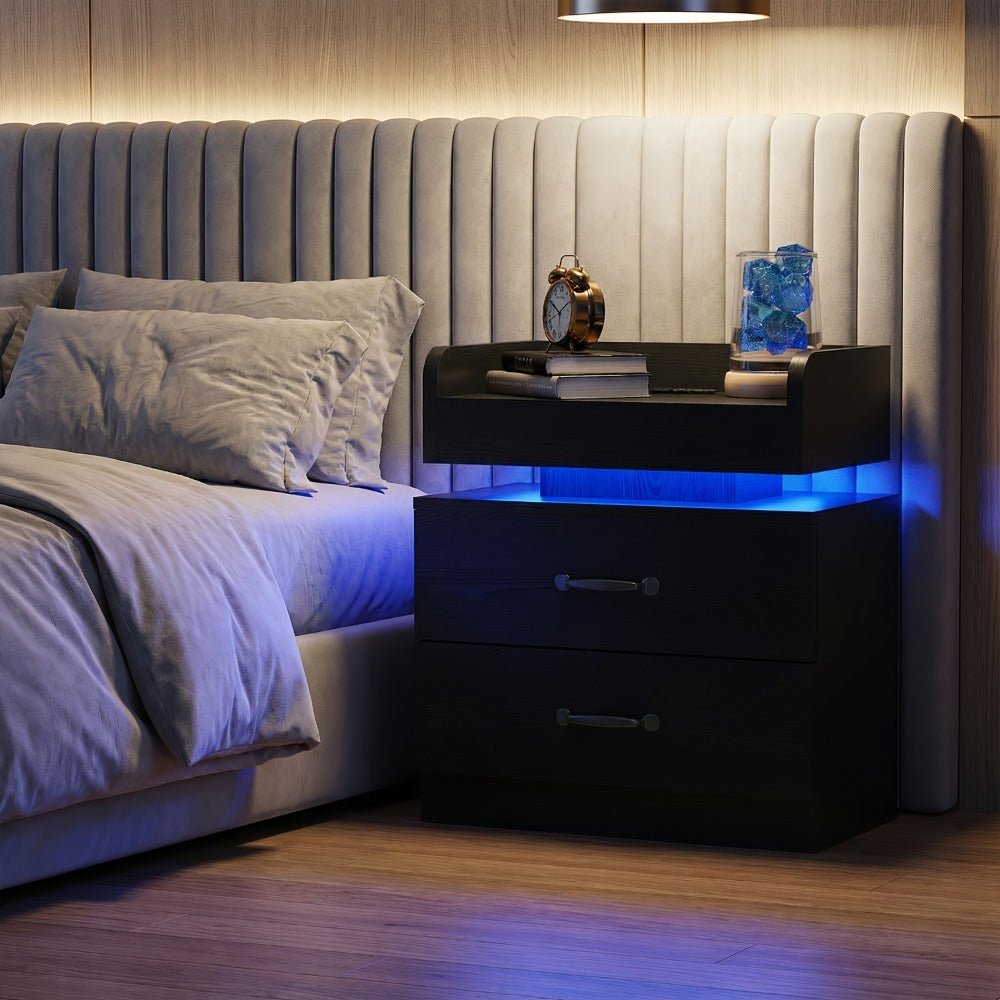Nightstand Tray-Top Two-Drawer Bedside Table with Charging Station, LED Light and Black or White Finish