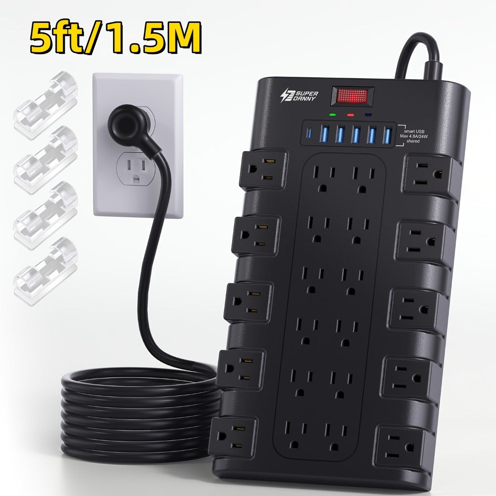 28-in-1 Surge Protector Power Strip, 22 AC Outlets & 6 USB Ports (1 USB-C), 5ft Extension Cord