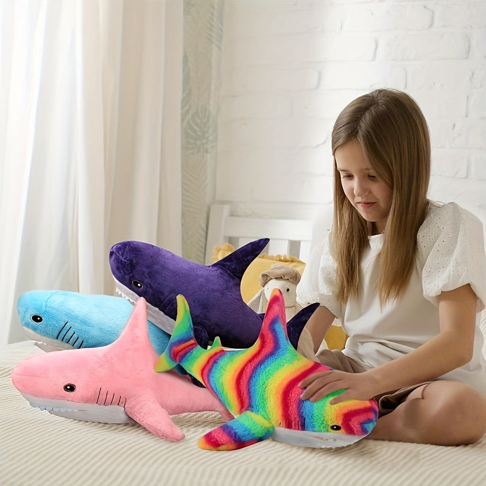 Stuffed Animal Rainbow Shark with Long Pillow Shape, Mixed Colors and Soft Plush Fabric for Room Decor