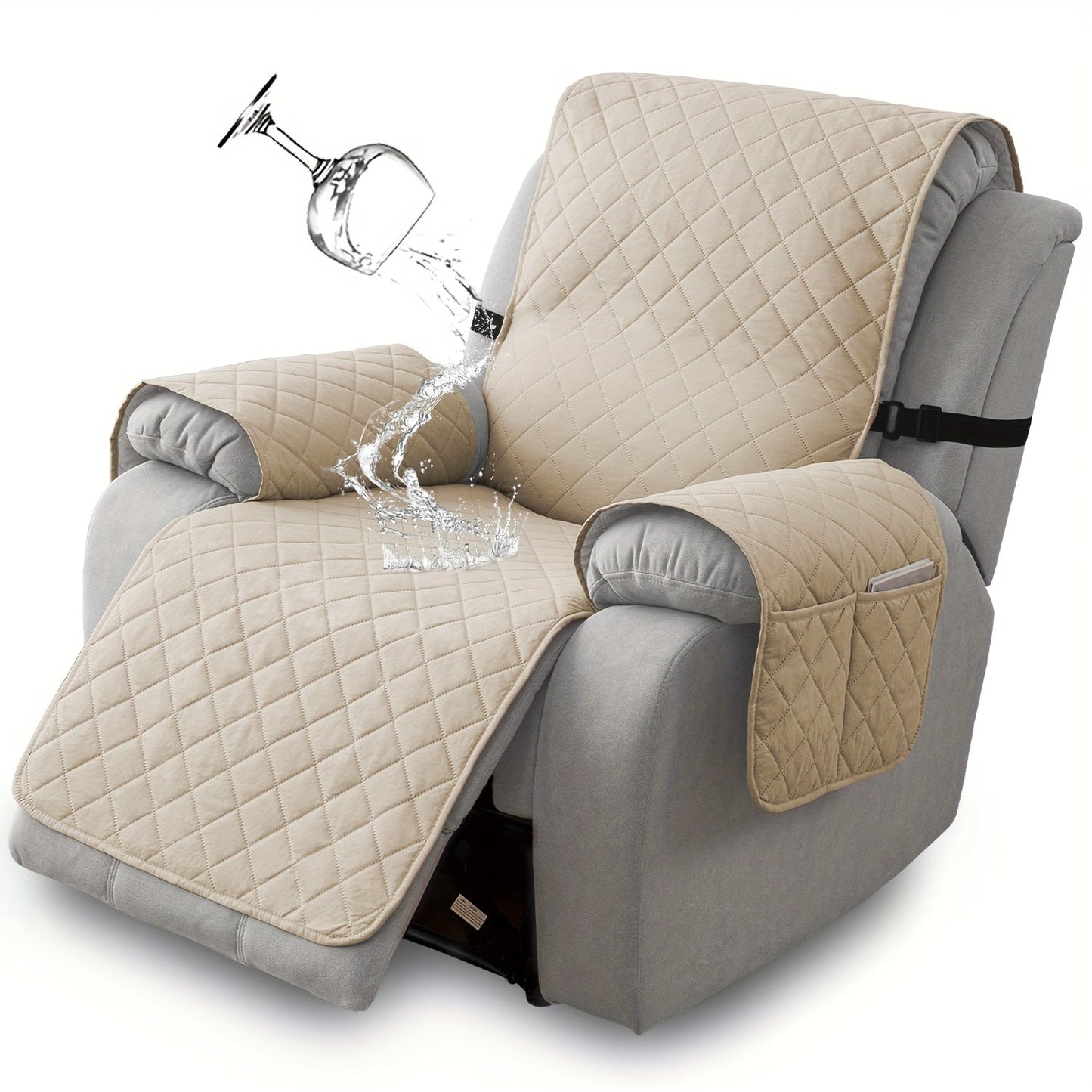 Diamond-Quilted One-Piece Recliner Chair Cover with Side Pocket, Buckle Strap and Eight Colors
