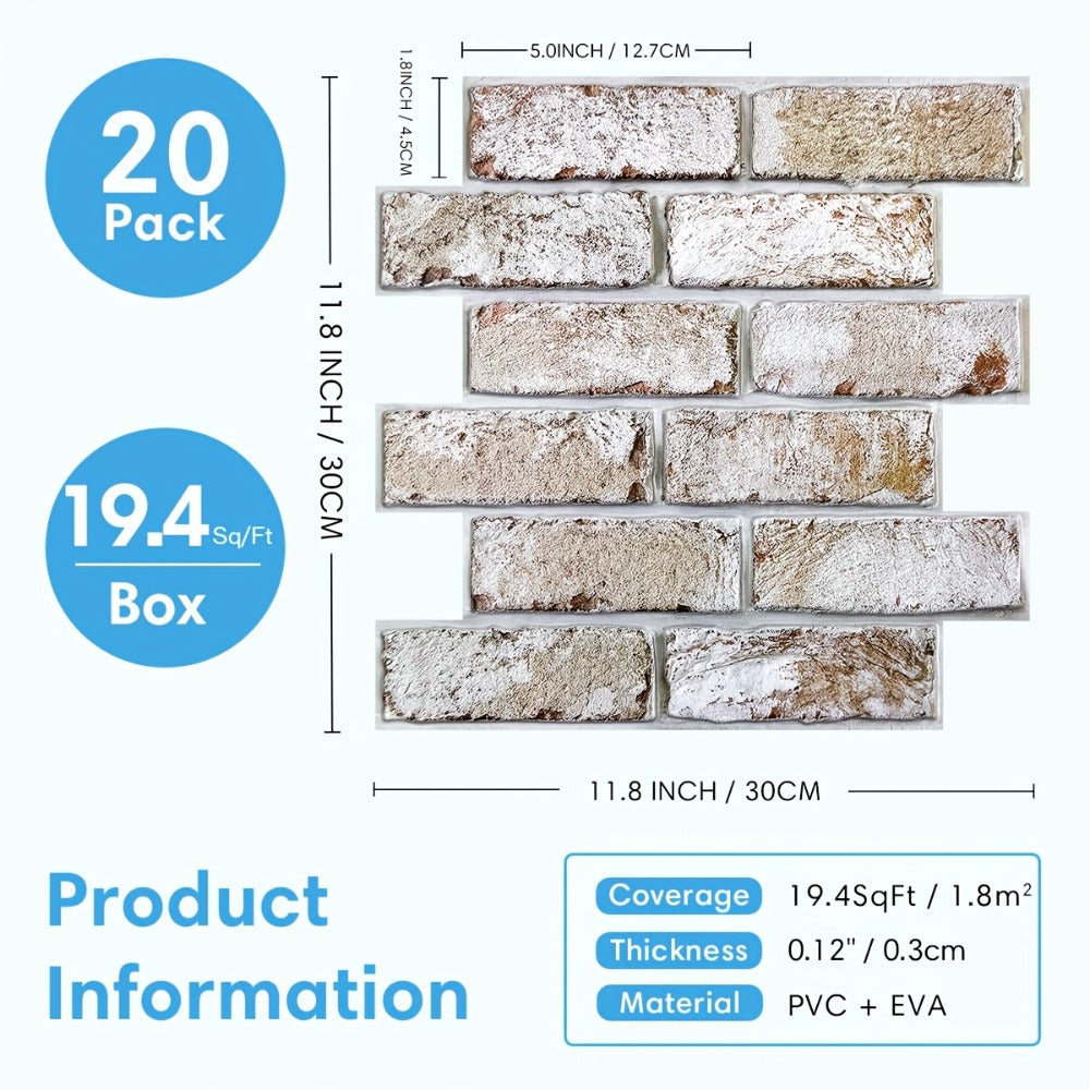 Peel and Stick Brick Wall Panels 3D Faux Brick Tiles 20 Sheets - Self-Adhesive PVC Realistic Texture