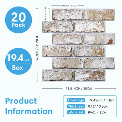 Peel and Stick Brick Wall Panels 3D Faux Brick Tiles 20 Sheets - Self-Adhesive PVC Realistic Texture