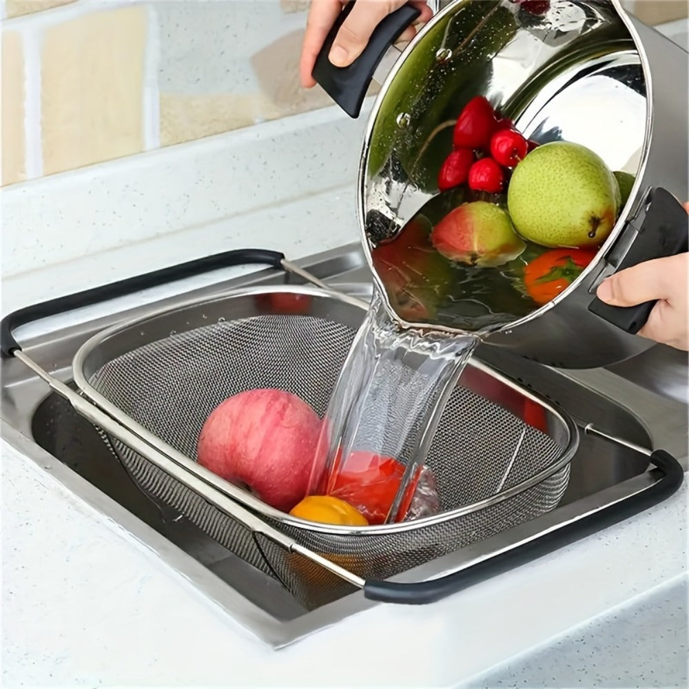 Stainless Steel Colander Expandable Fine Mesh Drain Basket Strainer for Vegetables Fruits for Home Cooking, Dining and Outdoor Meals