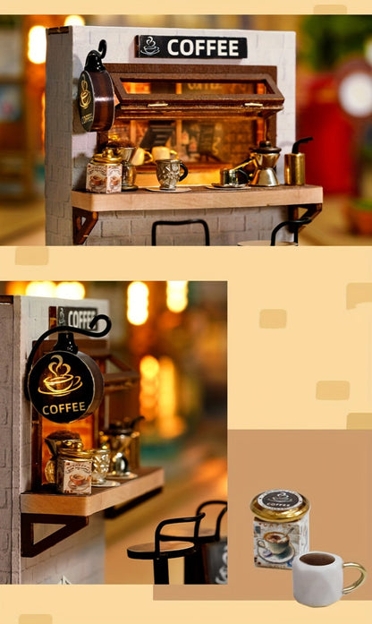 DIY Miniature Shop Dollhouse Kit with Dust Cover, Wooden Mini Store Assembly Set, 4 Themes Sakura Noodles Candy Atelier Coffee