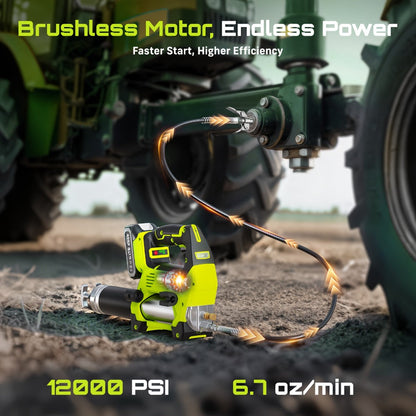 Electric Grease Gun 12000PSI Cordless – 3-Speed Brushless Motor, Dual 2.0Ah Batteries, LED Light, Heavy-Duty Wireless Grease Gun