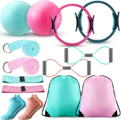 Pilates Ball & Ring Set 14-Piece for Women – Magic Circle, Mini Ball, 8 Resistance Bands, Stretching Strap, Non-Slip Socks & Gym Bag