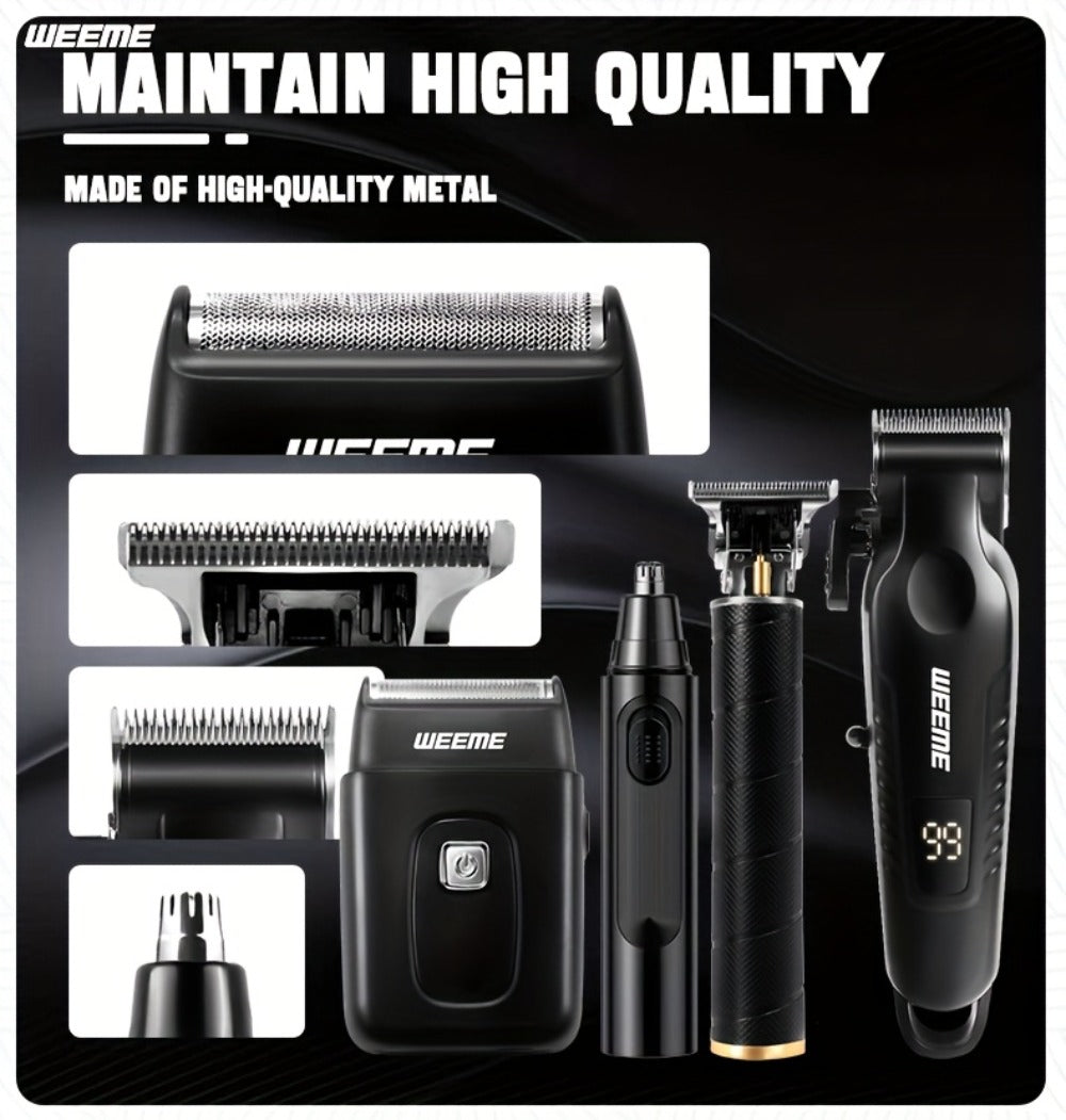 Men's Grooming Kit 4-Piece Set, USB Rechargeable Hair Clipper, Nose Trimmer, Electric Shaver & T9 Detailer with 8 Guide Combs
