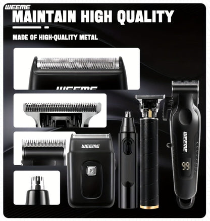 Men's Grooming Kit 4-Piece Set, USB Rechargeable Hair Clipper, Nose Trimmer, Electric Shaver & T9 Detailer with 8 Guide Combs