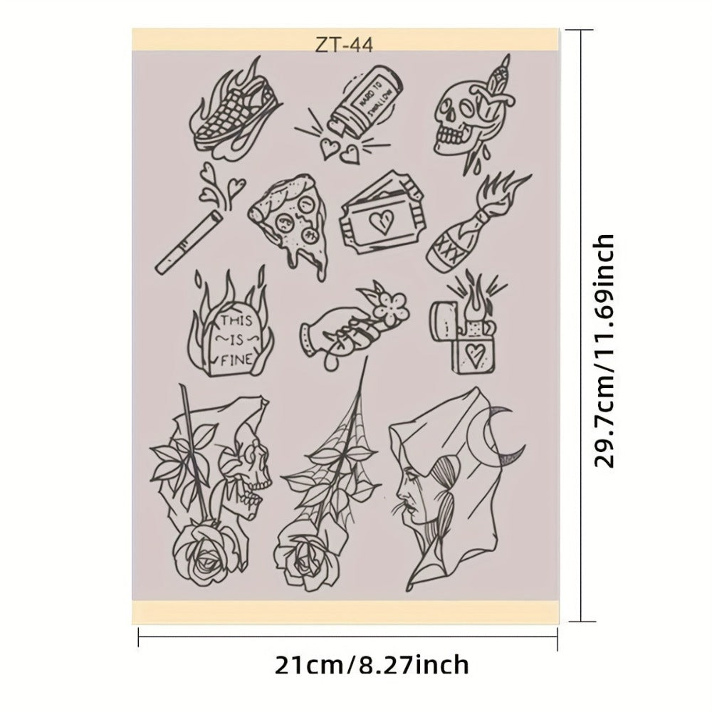 Tattoo Transfer Paper 3 Sheets, Pre-Drawn Stencils with Floral, Paisley, Spiderweb, Snake & Pizza Designs