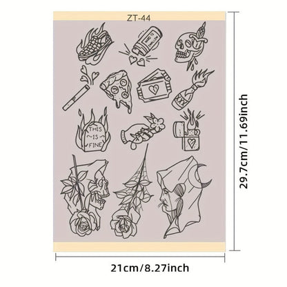 Tattoo Transfer Paper 3 Sheets, Pre-Drawn Stencils with Floral, Paisley, Spiderweb, Snake & Pizza Designs