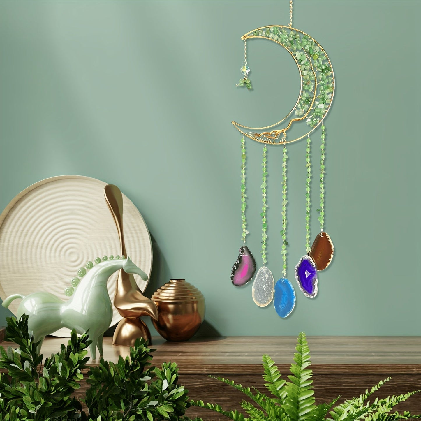 Moon Agate Tree Hanging Ornament Handmade Boho Suncatcher Wall Decor - Crystal Window Sun for Entryways, Bedrooms and Living Spaces