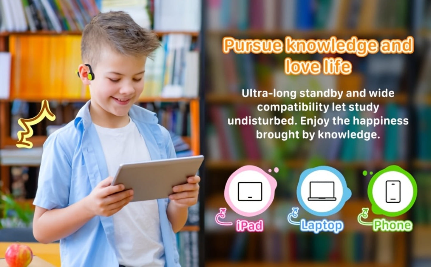 Kids Open Ear Headphones Air Conduction Wireless Bluetooth Headset Mic 20H Playtime for Bedside Audio, Alarms and Room Entertainment