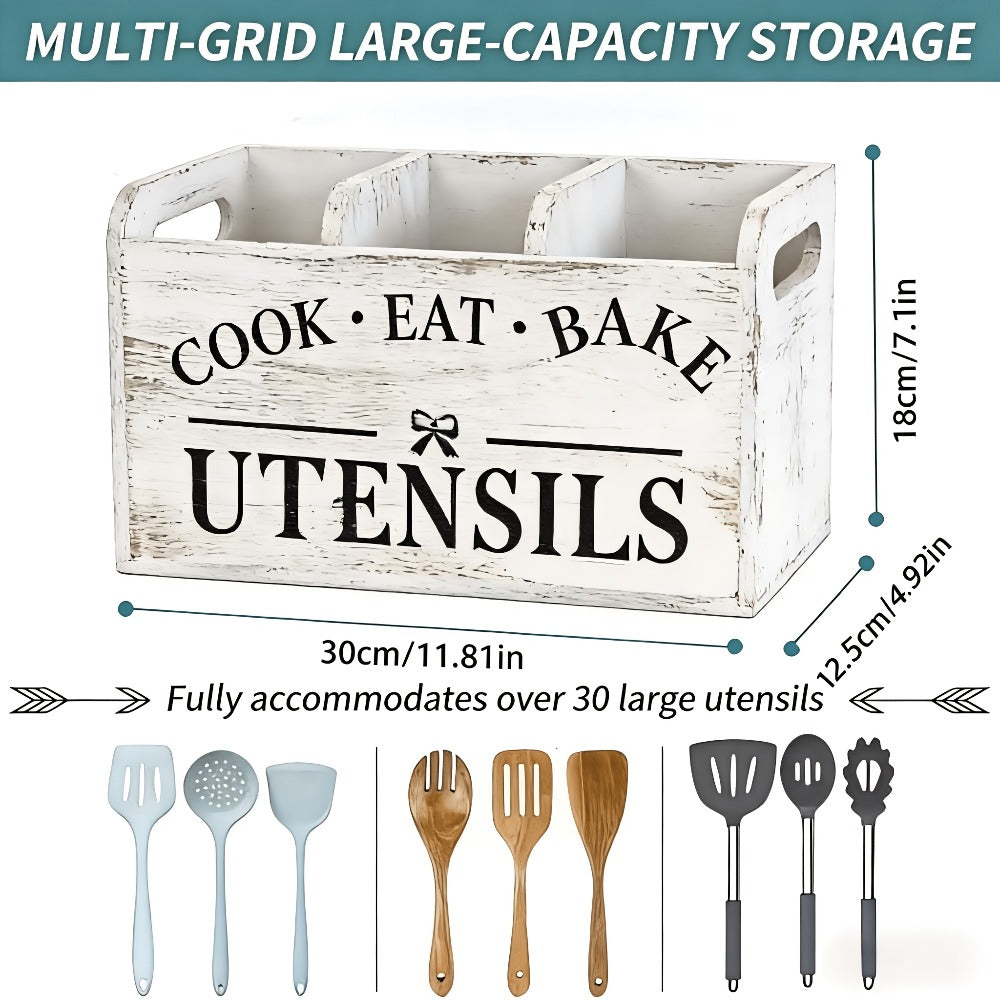 Kitchen Utensil Organizer – Extra Large Rustic Wooden Utensil Holder with 3 Compartments, Countertop & Wall Mounted Storage Rack for Cooking