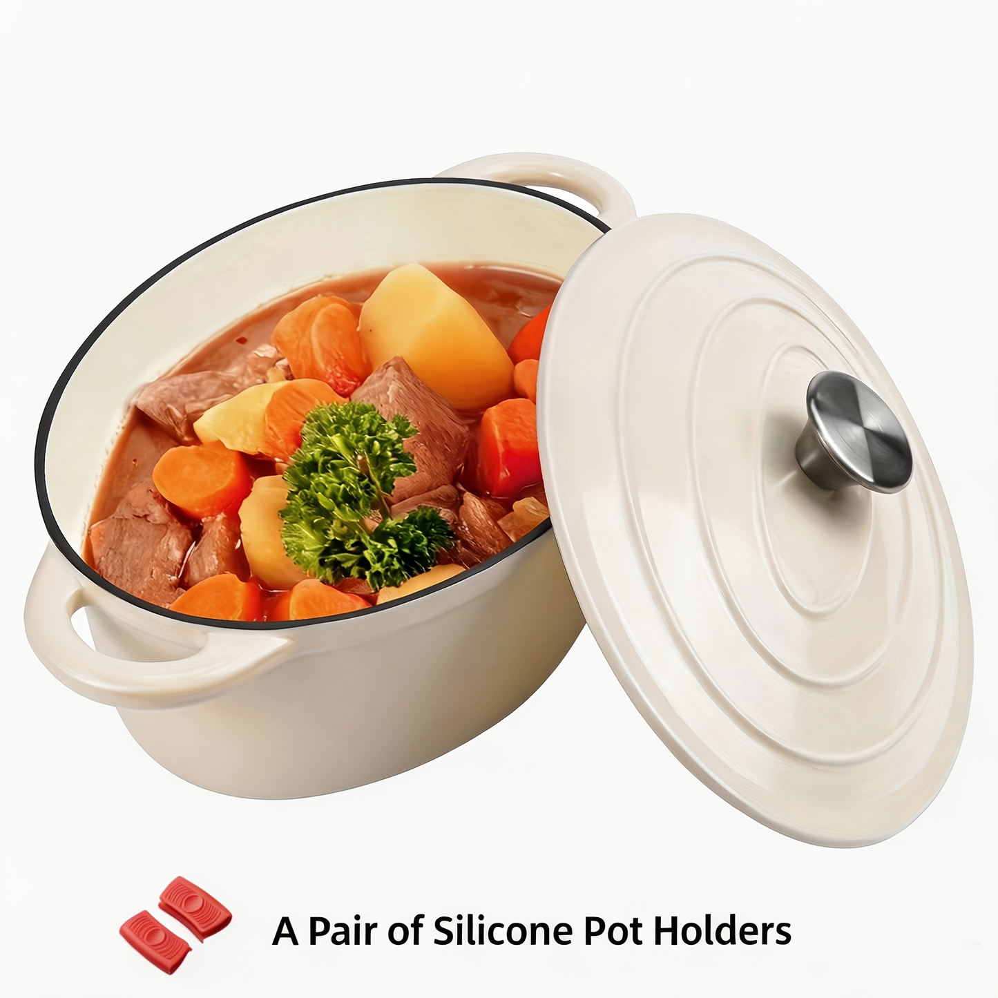 3.5L Enameled Cast Iron Dutch Oven with Oval Body, Fitted Lid, Handle Covers and Five Colors