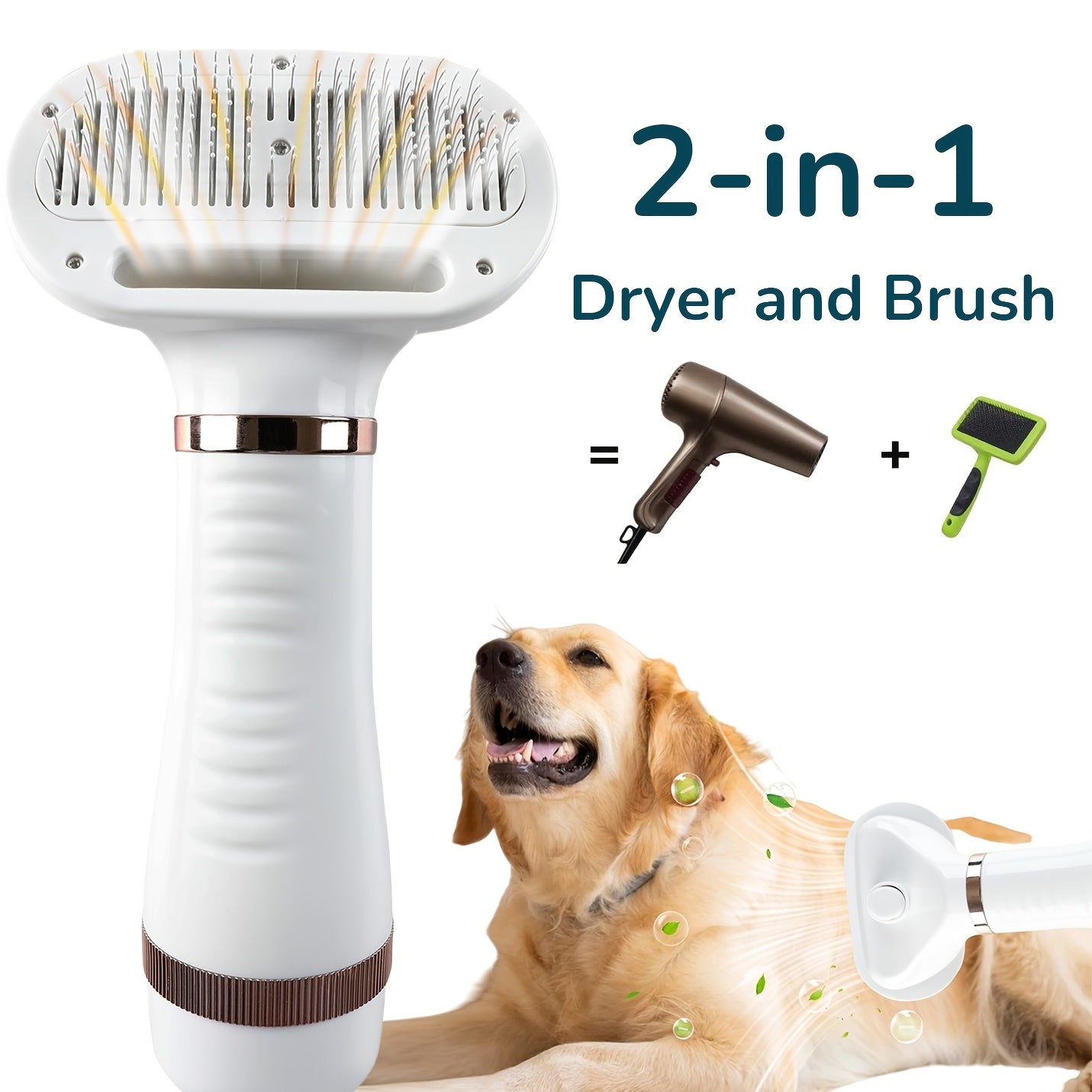 Pet Hair Dryer 2-in-1 with Self-Cleaning Slicker Brush – Portable Dog Blow Dryer for Dogs & Cats, 3 Temperature Settings, Low Noise