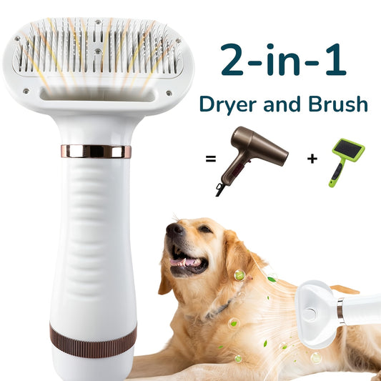 Pet Hair Dryer 2-in-1 with Self-Cleaning Slicker Brush – Portable Dog Blow Dryer for Dogs & Cats, 3 Temperature Settings, Low Noise