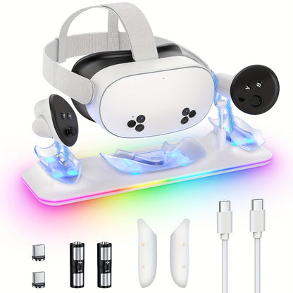 Meta Quest 3S / Quest 3 Charging Dock, PD 18W Fast Charging Station with RGB Light, Magnetic Charger Stand for Headset & Controllers
