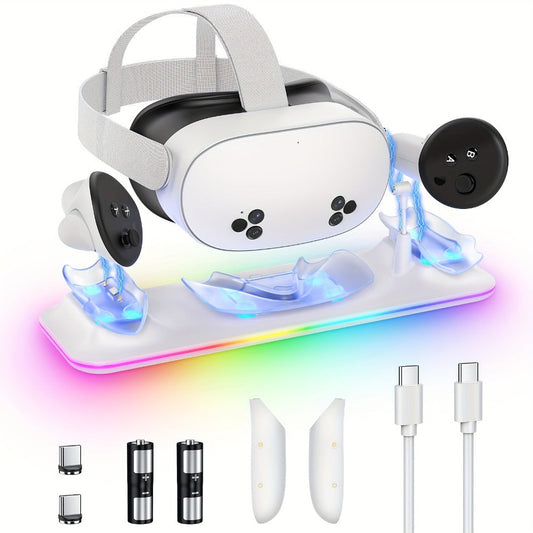 Meta Quest 3S / Quest 3 Charging Dock, PD 18W Fast Charging Station with RGB Light, Magnetic Charger Stand for Headset & Controllers