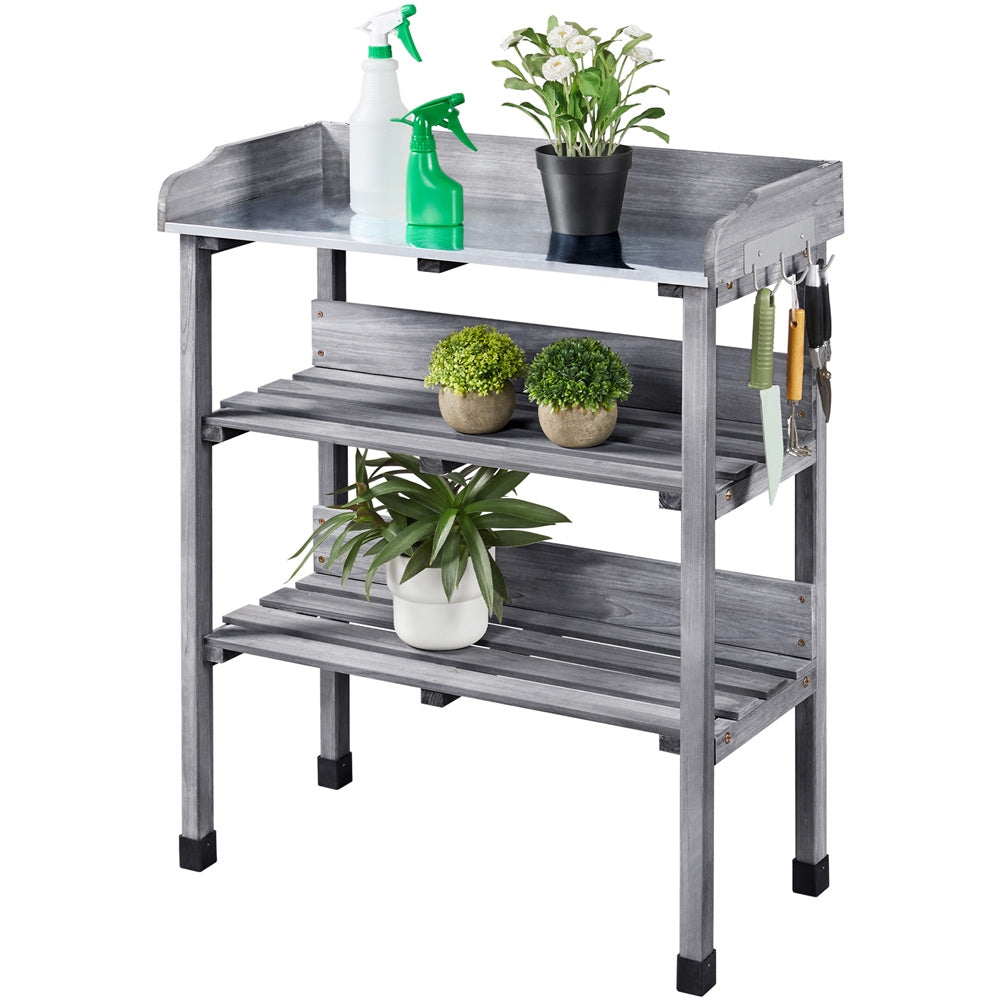 Rolling Potting Bench 3-Tier Wooden Garden Workstation Waist-High Galvanized Metal Top Lockable Casters for Garden, Patio and Yard Use