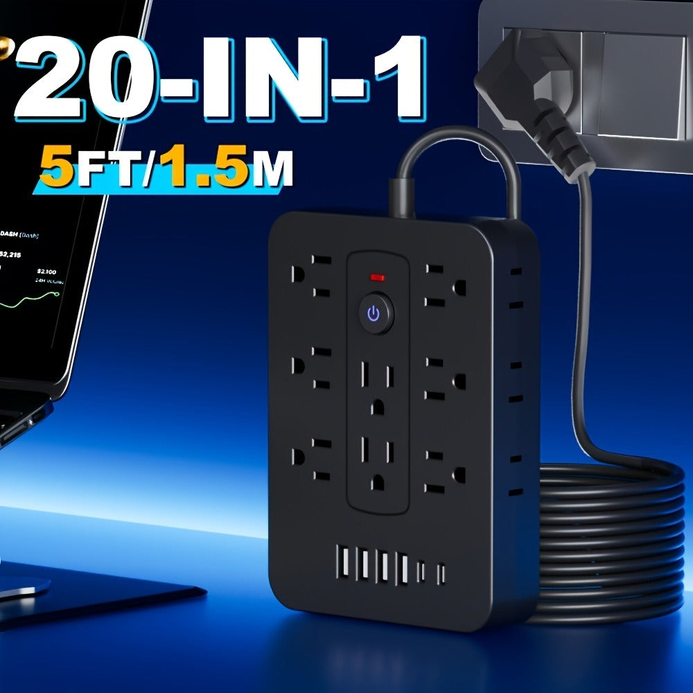 Compact Flat Plug Power Strip 20-in-1, 14 AC Outlets & 6 USB Ports (4 USB-A + 2 USB-C), Lightning Surge Protection