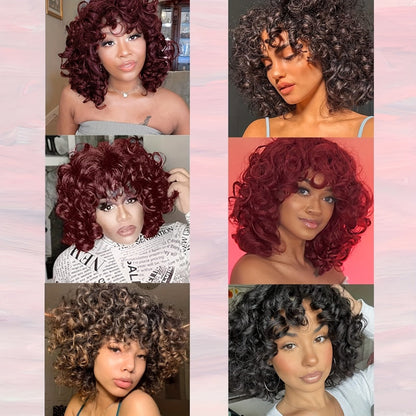 Synthetic Wig 14-Inch Kinky Curly Afro with Bangs in Black, Black-Brown or Golden 33/27 for Daily Style