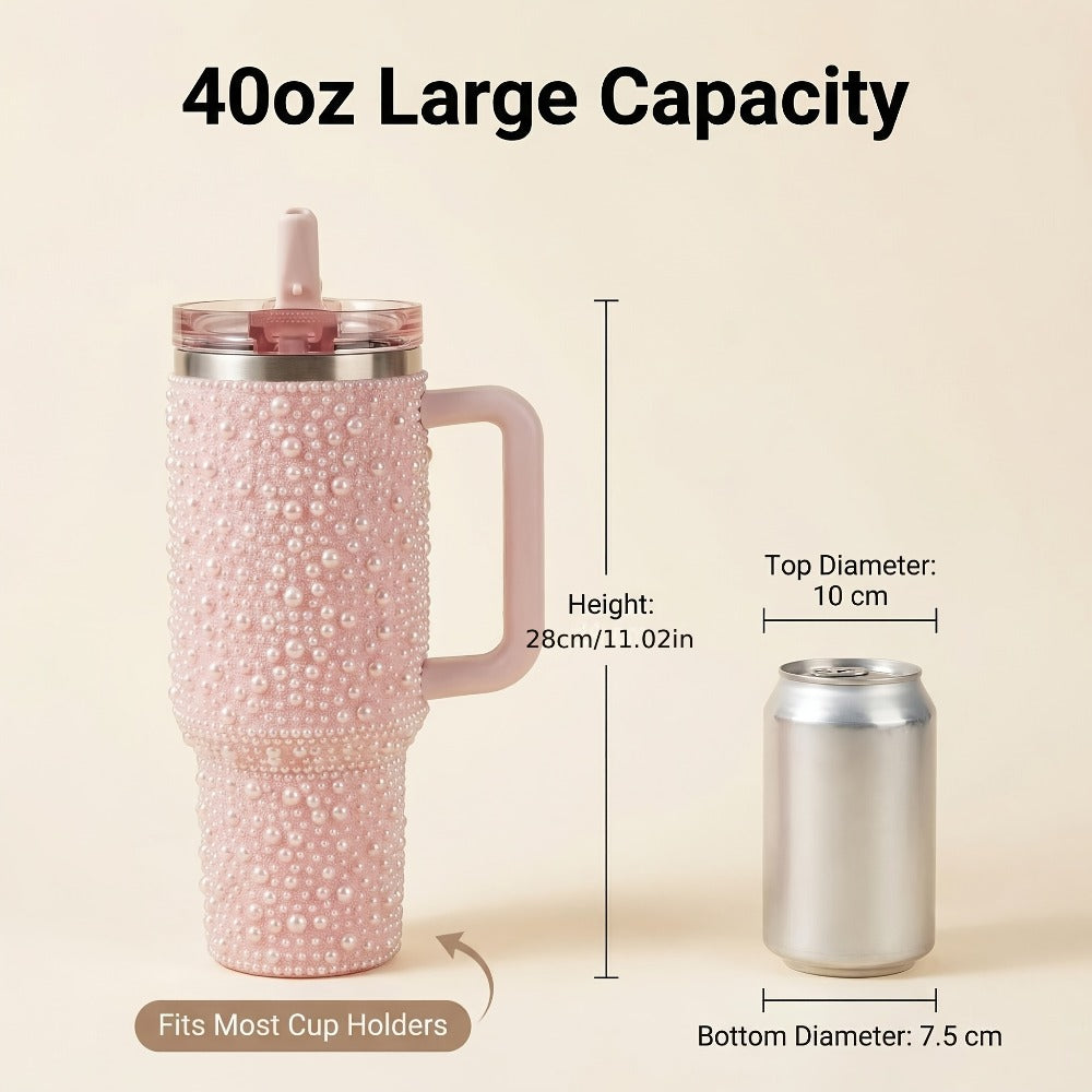 Insulated Tumbler 40oz Pearl Rhinestone Stainless Steel with Handle and Straw in White or Pink