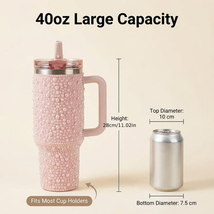 Insulated Tumbler 40oz Pearl Rhinestone Stainless Steel with Handle and Straw in White or Pink
