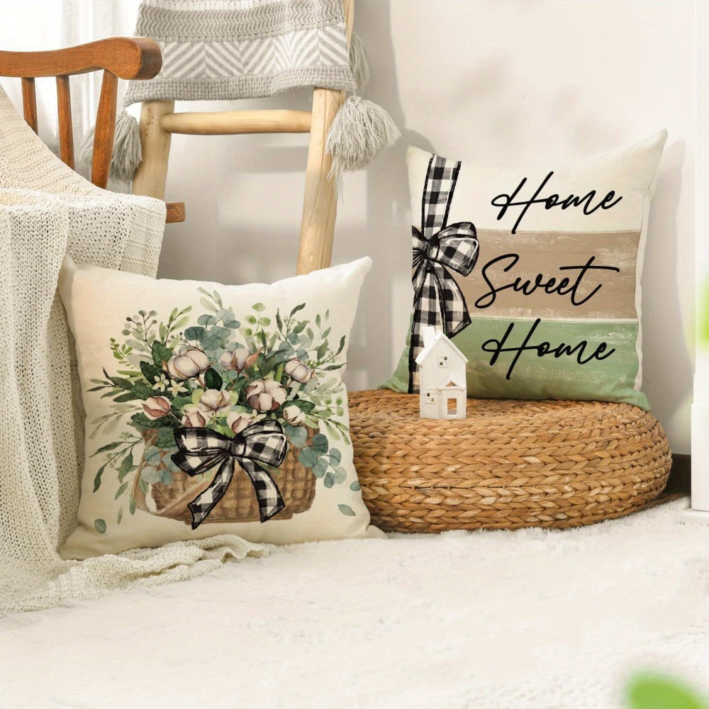 Four-Piece 18 x 18-Inch Farmhouse Botanical Throw Pillow Cover Set with Eucalyptus and Plaid Prints