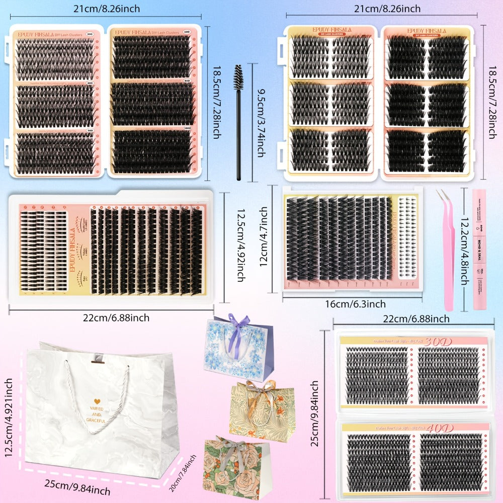 DIY Lash Clusters Gift Set 30D-100D Mixed Length Soft Fluffy Volume Cluster Lashes with Tweezers & Mascara